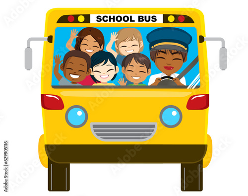 Vector illustration of female school driver and happy school kids on the road. Cheerful children waving and smiling ready back to school bus concept front view