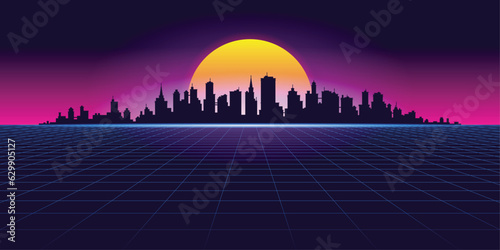 Synthwave Neon Background with Night Cityscape and Sunset. Vector