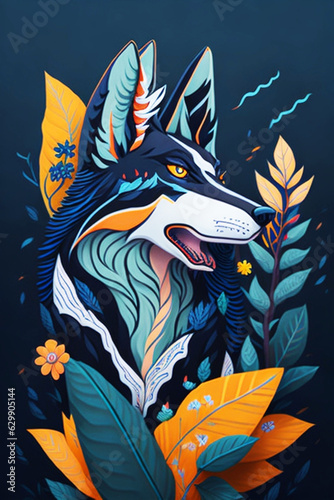 A detailed illustration of a wolf with leaf  paint splash  and gravity background for a t-shirt design and fashion