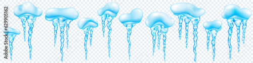 Set of snowdrifts with translucent light blue realistic icicles of different lengths, isolated on transparent background. Transparency only in vector format