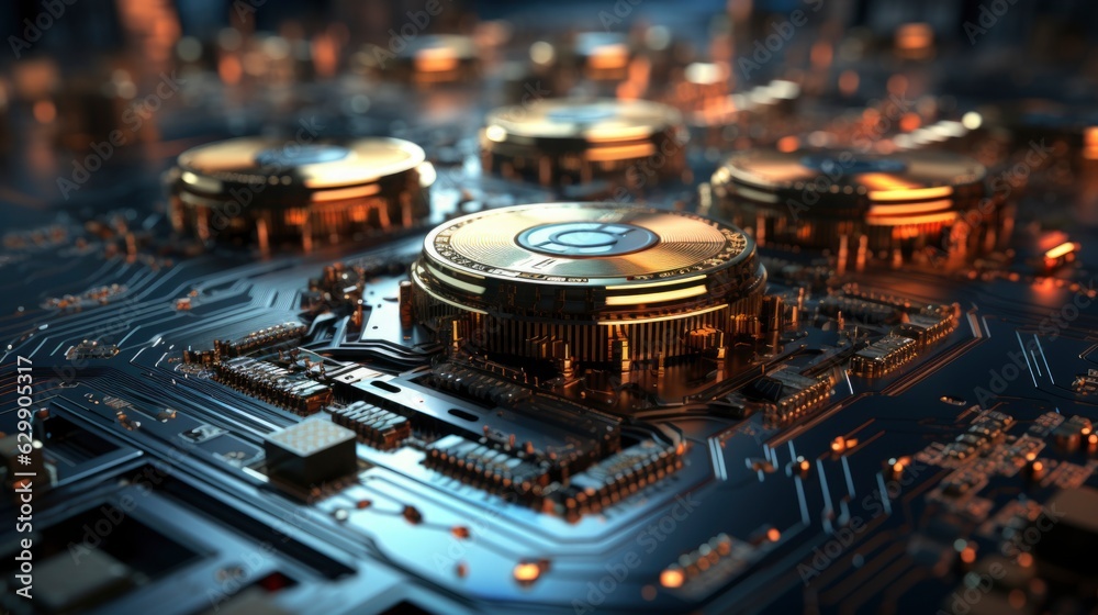 A gold Bitcoin coin with glare and reflection installed instead of a central processor in the motherboard with electronic components with blue light and smoke in the darkness. Bitcoin Mining A gold Bitcoin coin with glare and reflection installed instead of a central processor in the motherboard with electronic components with blue light and smoke in the darkness. Bitcoin Mining