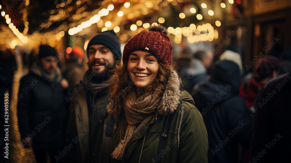 Happy people on the Christmas market. Generative Ai