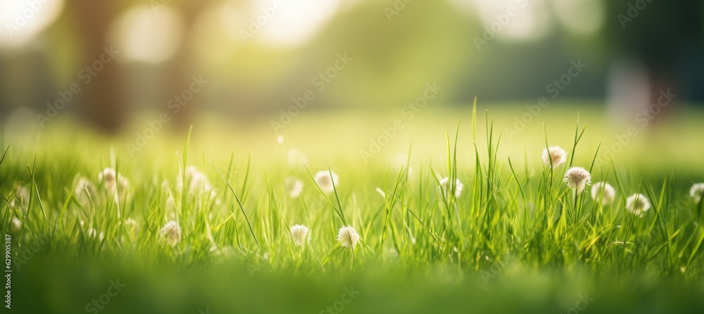 Close up grass on blurred park background. Generative AI technology.