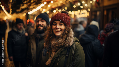 Happy people on the Christmas market. Generative Ai