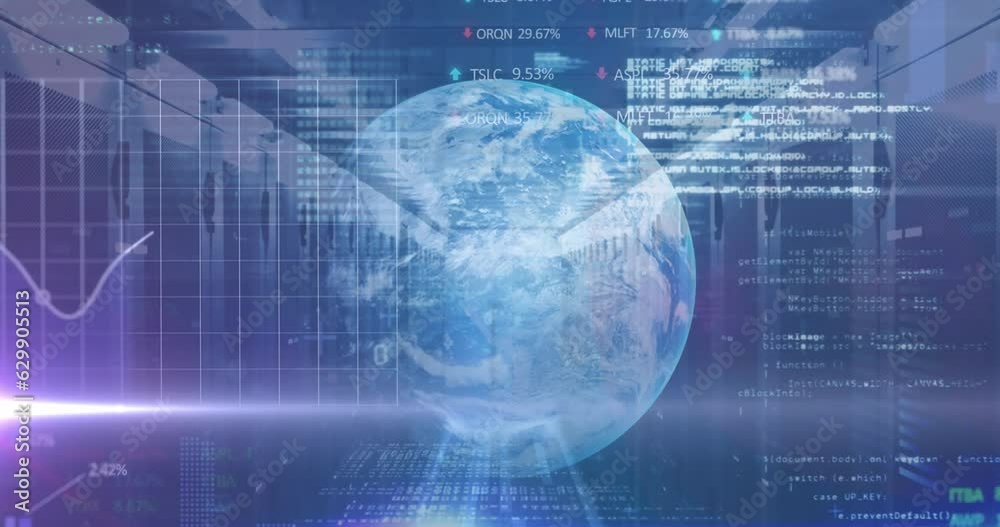 Animation of binary codes, graphs, trading boards, globe and computer language over server room