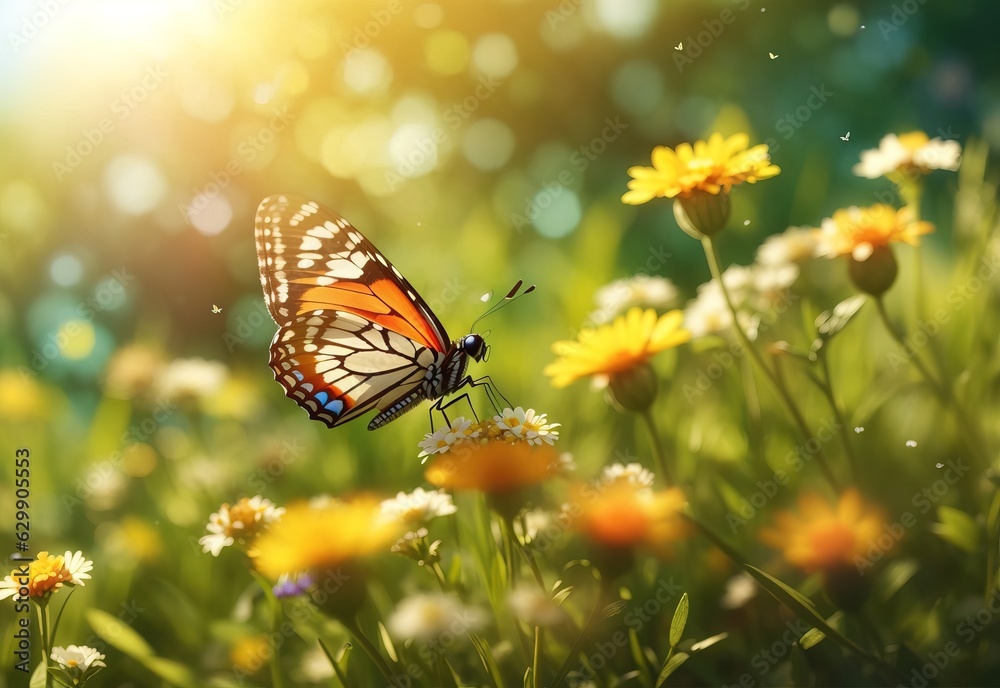 Sunny summer nature background with fly butterfly and wild flowers in grass with sunlight and bokeh. Outdoor nature Sunny summer nature background with fly butterfly and wild flowers in grass with sunlight and bokeh. Outdoor nature