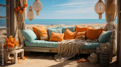 Fototapeta Naklejka Na Ścianę i Meble -  Outdoor restaurant at the beach. Table setting at tropical beach restaurant. Led light candles and wooden tables, chairs under beautiful sunset sky, sea view. Luxury hotel or resort restaurant