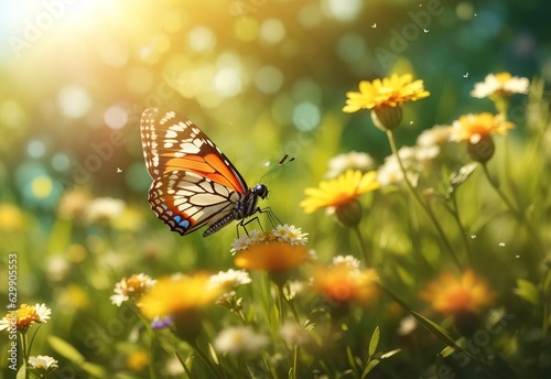 Sunny summer nature background with fly butterfly and wild flowers in grass with sunlight and bokeh. Outdoor nature © Jasmine