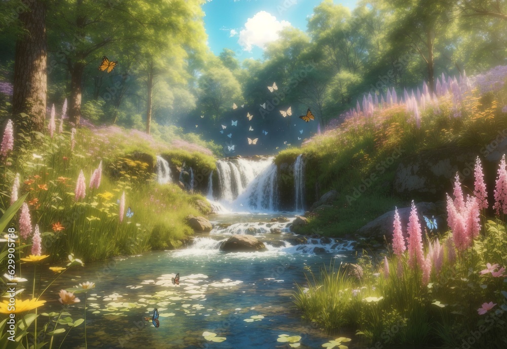 Summer forest waterfall glade with flowering grass and butterflies on a sunny day