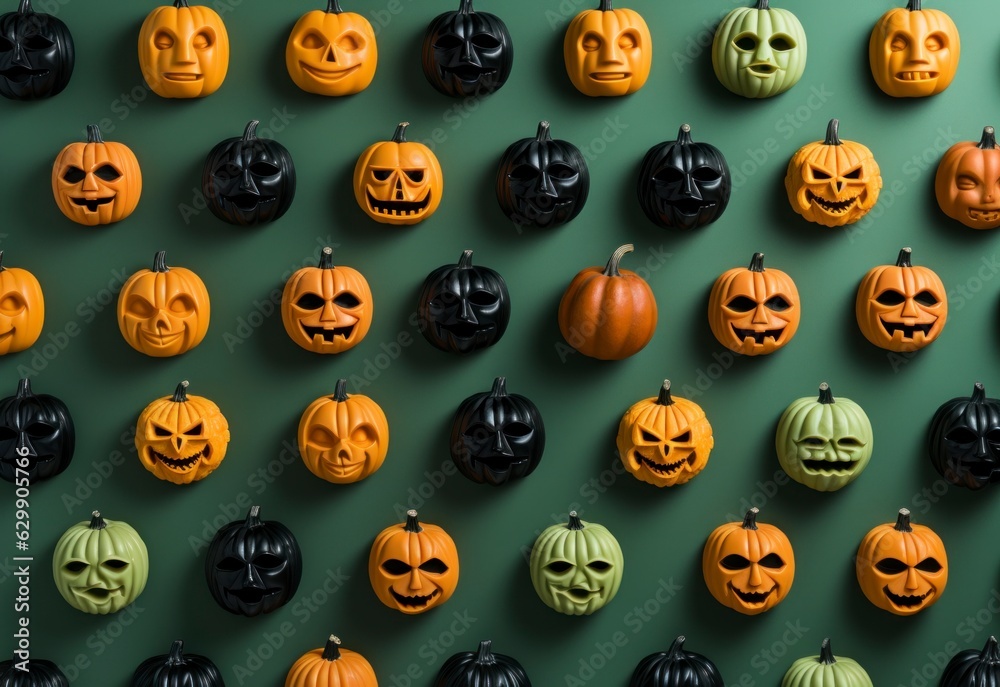 Halloween carved pumpkins flat lay pattern on a pastel green table. Autumn colors, festive background. AI generated image Halloween carved pumpkins flat lay pattern on a pastel green table. Autumn colors, festive background. AI generated image