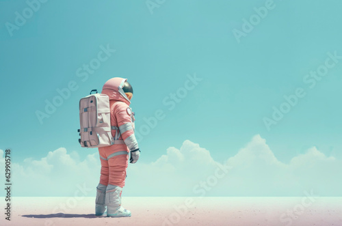 Astronaut with school backpack waiting for a ride. Back to school conceptual background. Ai generated image photo