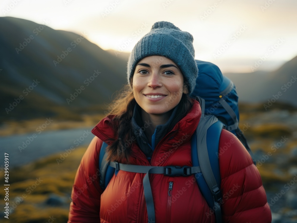 Young woman hiking in the mountains wearing a grey toque / beanie, a red puffer jacket, and a backpack at dawn. Mountains are in the background and the sun is rising. Young woman hiking in the mountains wearing a grey toque / beanie, a red puffer jacket, and a backpack at dawn. Mountains are in the background and the sun is rising.