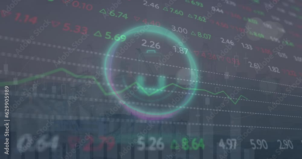 Animation of battery icon in circle and trading board over caucasian man working on laptop Animation of battery icon in circle and trading board over caucasian man working on laptop