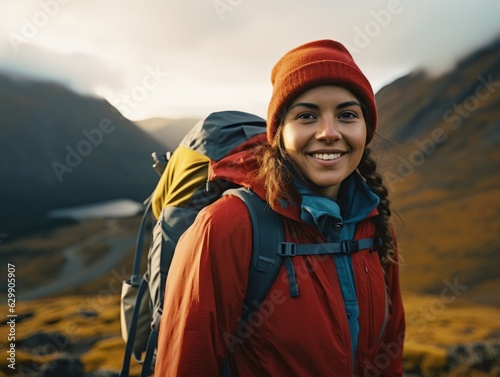Young woman hiking in the mountains wearing a red toque / beanie, a red puffer jacket, and a backpack at dawn. Mountains are in the background and the sun is rising.  © Paleta Images