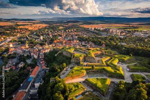 Aerial view of the city of Kłodzko and the huge fortress captured on a summer afternoon. Landscapes and attractions of Lower Silesia.