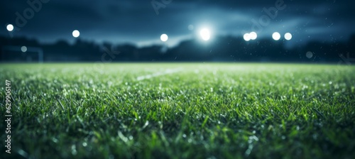 Close up grass soccer field background. Generative AI technology.