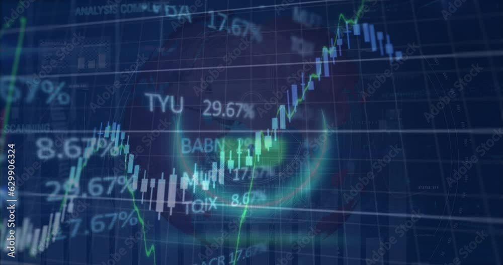 Animation of padlock in circle over trading board and graphs against globe in background Animation of padlock in circle over trading board and graphs against globe in background