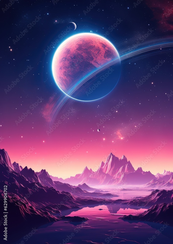 A planet in universe with other life , mountains and moon in pastel colors. Generative Ai.