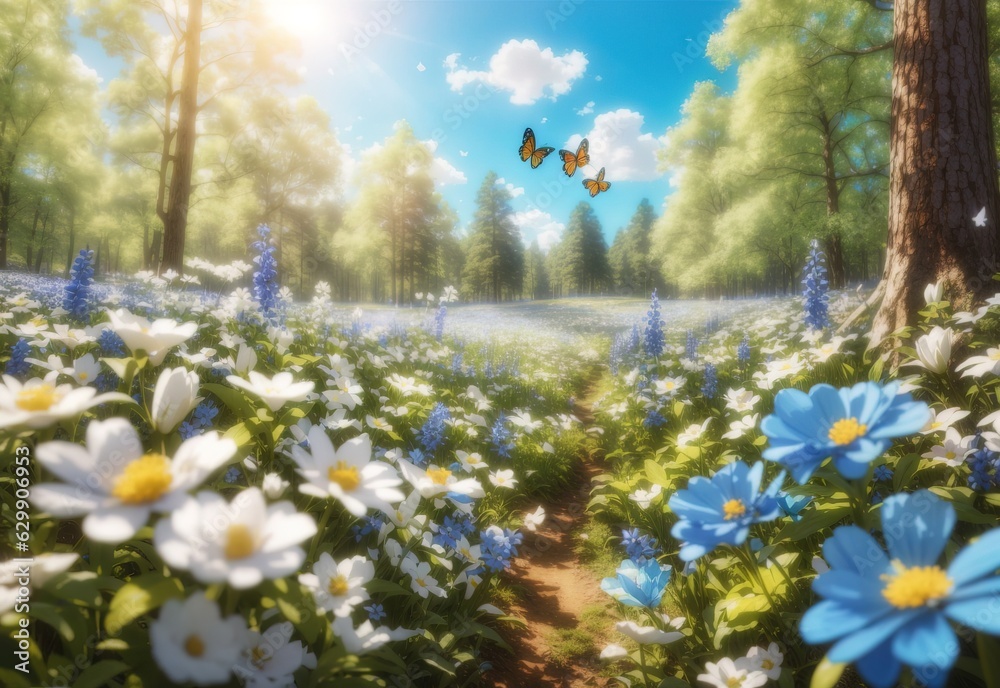 Fototapeta premium Forest glade with lots of white and blue spring flowers and butterflies on a sunny day