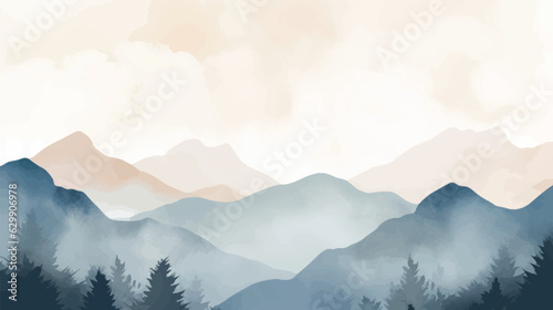 Landscape hills abstract art watercolor painting background with birds flying on mountains range, Vector landscape paintings banner for decoration design, wallpaper, illustration, fabric