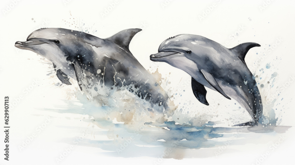 a group of dolphins jump out of the water. watercolor illustration. Generative AI
