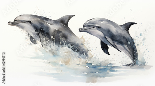 a group of dolphins jump out of the water. watercolor illustration. Generative AI © jr-art