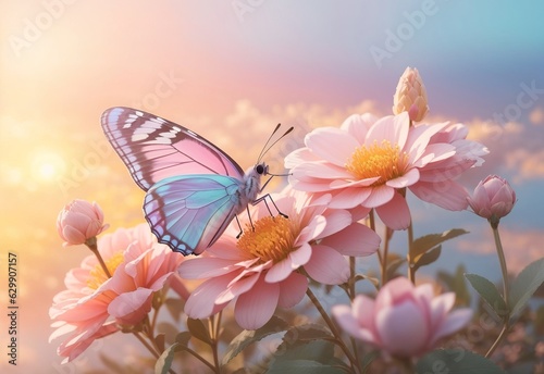 Beautiful natural pastel background. Butterfly and flower against on a background of sunrise