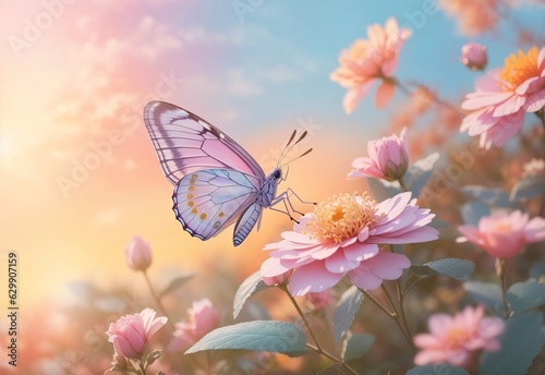 Beautiful natural pastel background. Butterfly and flower against on a background of sunrise © Jasmine