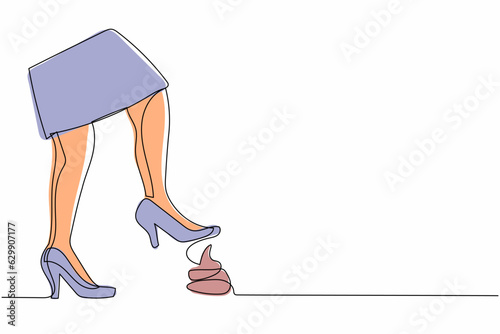 Single one line drawing businesswoman foot stepping into dog poop or poo. Female feet with high heels stepped on animal shit. Unpleasant surprise. Continuous line design vector graphic illustration
