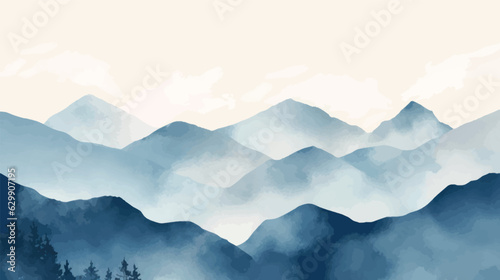 Landscape hills abstract art watercolor painting background with birds flying on mountains range, Vector landscape paintings banner for decoration design, wallpaper, illustration, fabric