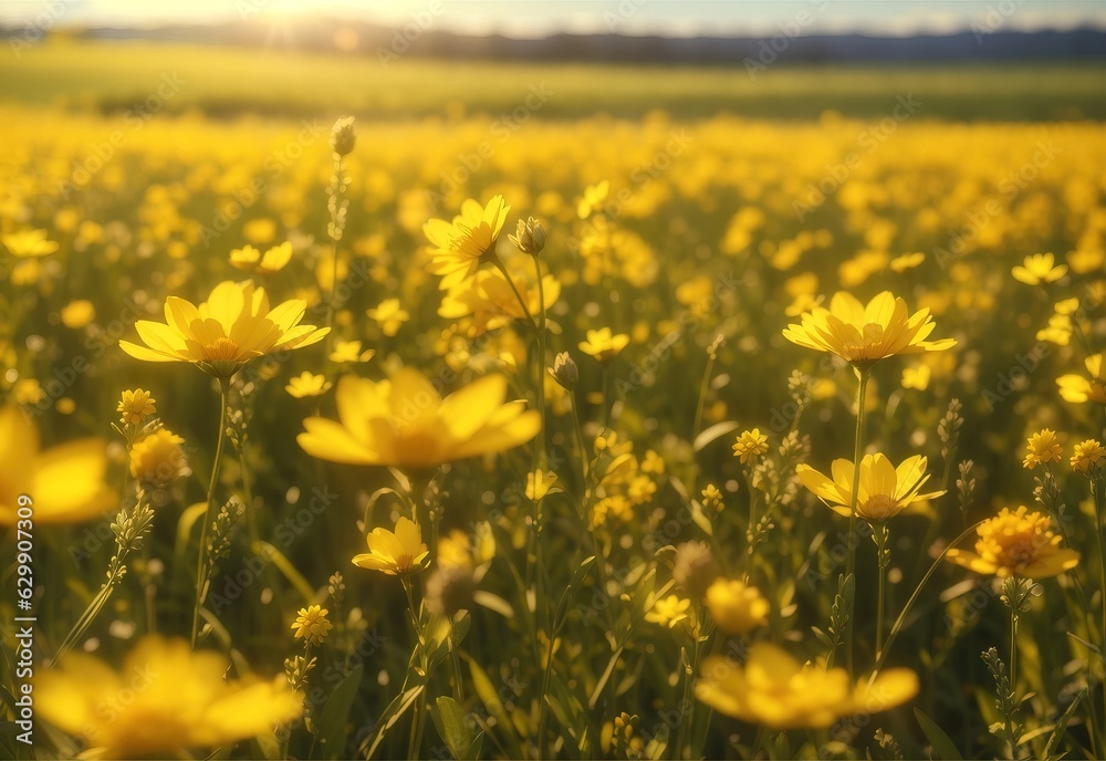 Beautiful field meadow yellow flowers in morning sunny meadow, nature landscape