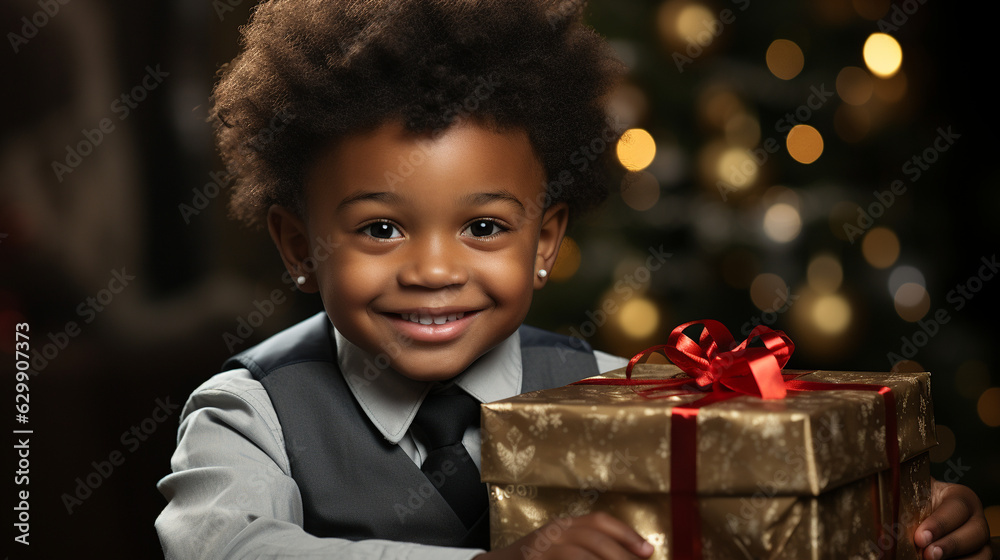 Cute little boy with Christmas gift box. Generative Ai