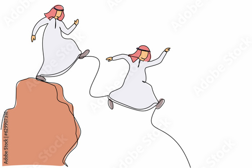 Single one line drawing businessman kick throw male colleague off cliff or hill. Arabian man eliminate rival coworker at workplace. Rivalry competition. Continuous line draw design vector illustration