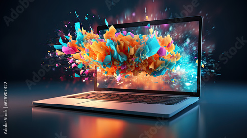 bright colors shoot out of a laptop computer. creative ideas at work concept. Generative AI