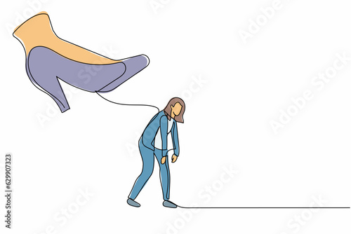 Continuous one line drawing stressed businesswoman going away with huge high heels kicking her out. Sad female employee being fired and kicked out. Single line draw design vector graphic illustration