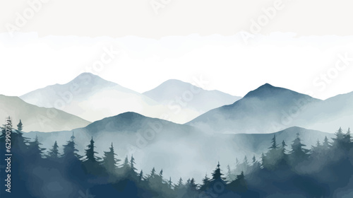 Landscape hills abstract art watercolor painting background with birds flying on mountains range, Vector landscape paintings banner for decoration design, wallpaper, illustration, fabric