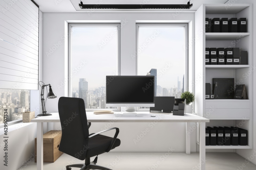 A tidy office environment with furniture, a view of the entire city, and an empty mock up computer screen. Innovative desktop design idea. Generative AI