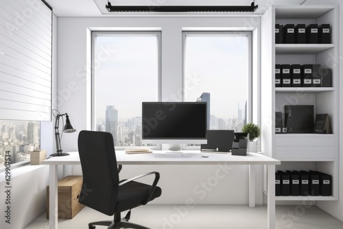 A tidy office environment with furniture  a view of the entire city  and an empty mock up computer screen. Innovative desktop design idea. Generative AI