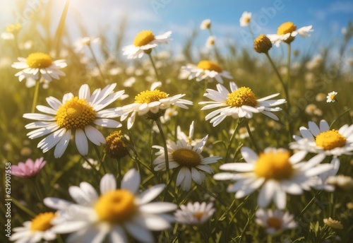 Beautiful field meadow flowers chamomile in morning sunny meadow, nature landscape