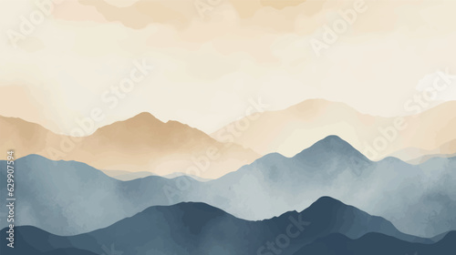 Landscape hills abstract art watercolor painting background with birds flying on mountains range, Vector landscape paintings banner for decoration design, wallpaper, illustration, fabric