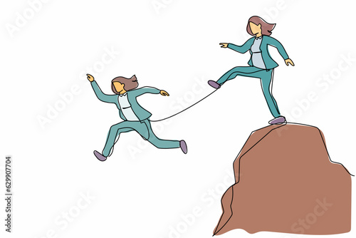Continuous one line drawing businesswoman kick business partner fall off cliff. Dishonesty, betrayal or jealousy colleague, career competitor or cheating. Single line draw design vector illustration