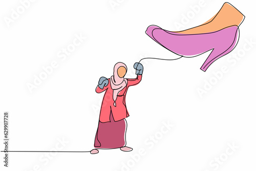 Single continuous line drawing young Arab businesswoman punching uppercut under big foot stomp. Manager against authoritarian or anger boss. Minimal metaphor. One line draw design vector illustration