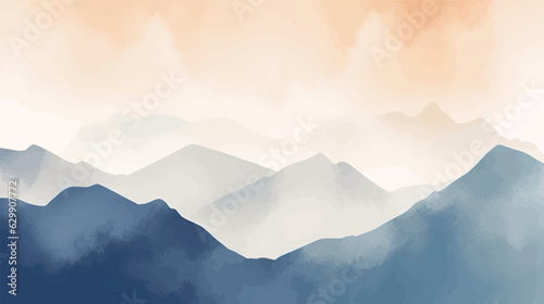 Landscape hills abstract art watercolor painting background with birds flying on mountains range, Vector landscape paintings banner for decoration design, wallpaper, illustration, fabric