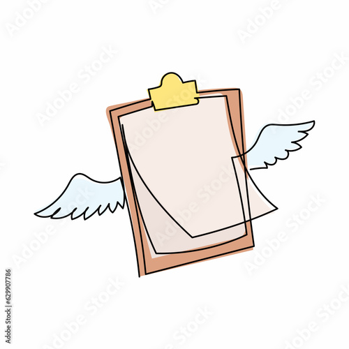 Single continuous line drawing flying clipboard with wings. Filling control list on notepad. Concept of survey, quiz, to-do list or agreement. Modern one line draw graphic design vector illustration