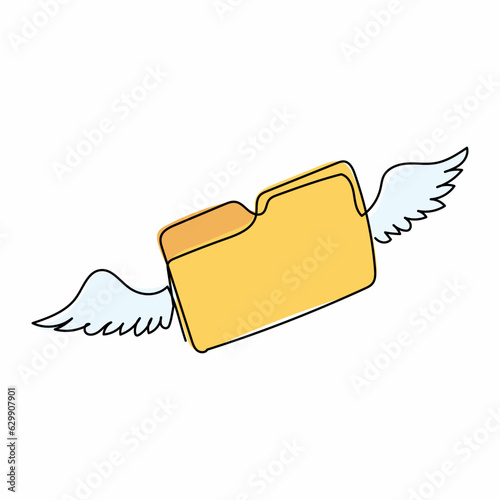 Single continuous line drawing flying document folder with wings. Minimal design folder with files, paper icon symbol. File management concept. Dynamic one line draw graphic design vector illustration