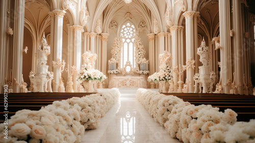 Beautiful decor of white flowers in church for a wedding ceremony