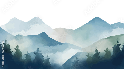 Landscape hills abstract art watercolor painting background with birds flying on mountains range, Vector landscape paintings banner for decoration design, wallpaper, illustration, fabric