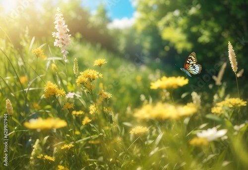 Abstract summer nature vast landscape background, Blooming wild grass and a flying butterfly in the forest at sunny day © Jasmine