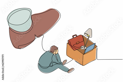 Continuous one line drawing sadness businessman sitting on the floor near office supplies under big foot stomp. Unemployment, dismissal, jobless people. Single line design vector graphic illustration