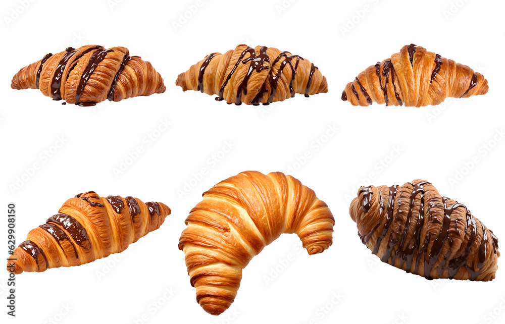 set of croissants, isolated on transparent background cutout - png - different flavors mockup for design - image compositing footage - alpha channel